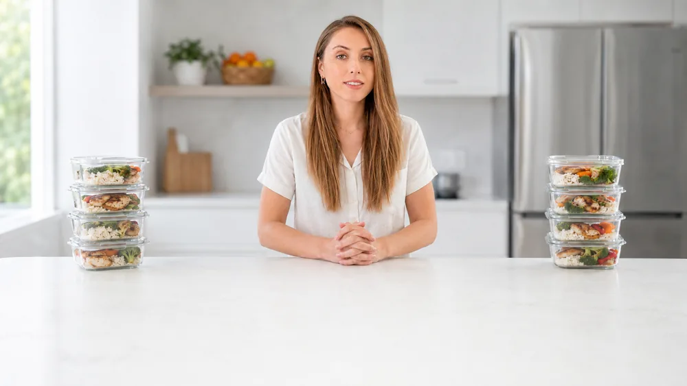 Carla en la cocina con las comidas de la semana listas
